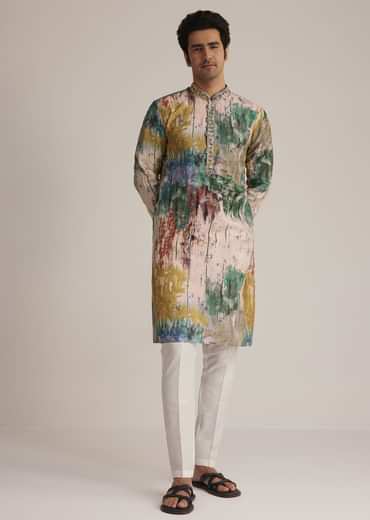 Multicolour Printed Silk Kurta Set