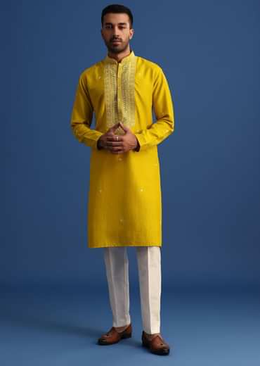 Yellow Silk Kurta Set With Mirror Embroidery