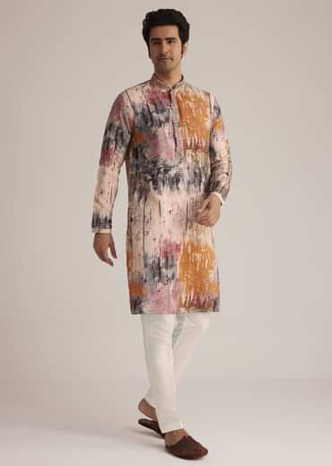 Multicolour Printed Silk Kurta Set With Mirror Work