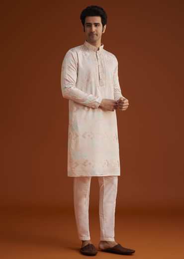Beige Printed Silk Kurta Set Hand Embellishments