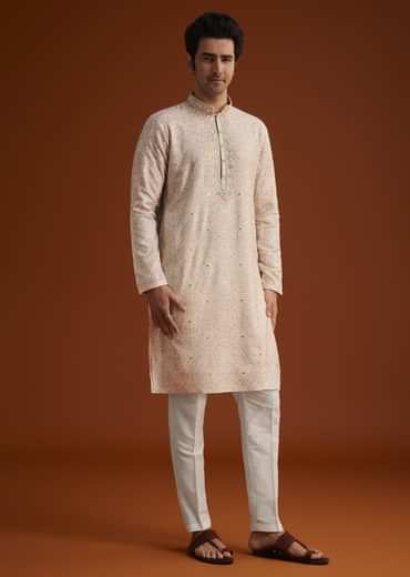 Peach Embroidered Silk Kurta Set With Resham Work