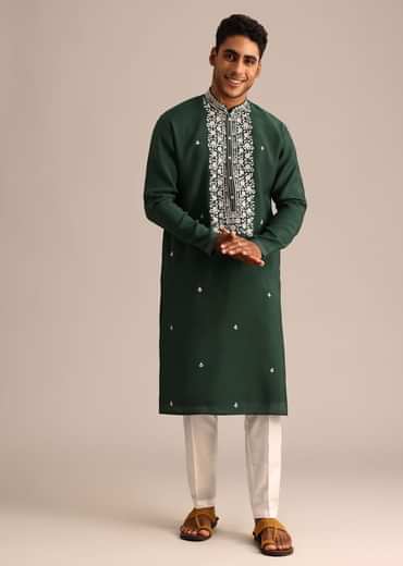 Bottle Green Silk Kurta And Pant Set With Hand Embroidered Yoke