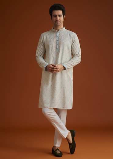 Aqua Blue Silk Kurta Set With Hand Embroidery