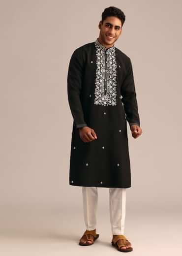 Black Silk Kurta Set With Hand Embroidered Yoke