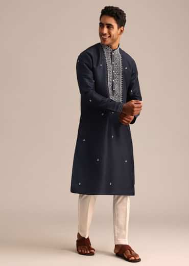 Navy Blue Silk Kurta Set With Resham Embroidered Work