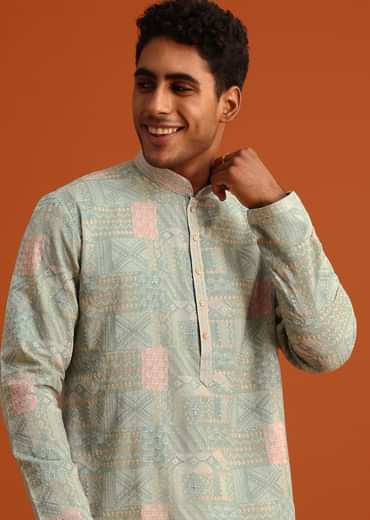 Pista Green Silk Kurta Set With Printed Detail