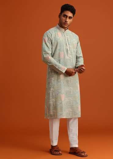 Pista Green Silk Kurta Set With Printed Detail