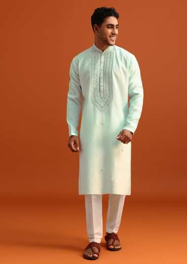 Blue Silk Hand Embroidered Kurta And Pant Set