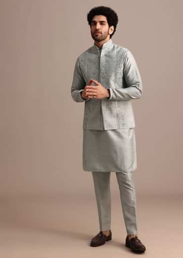 Grey Cotton Silk Kurta Jacket Set With Resham And Mirror Work