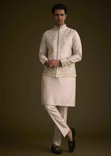 Peach Cotton Silk Jacket Set With Multi Color Resham Floral Embroidery