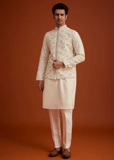 Off White Cotton Silk Jacket Set With Floral Zari Work