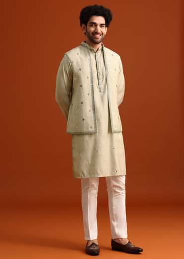Light Pista Cotton Silk Jacket Kurta And Jacket Set With Mirror Work