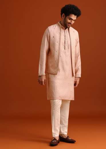 Peach Kurta And Jacket Set With Mirror Work