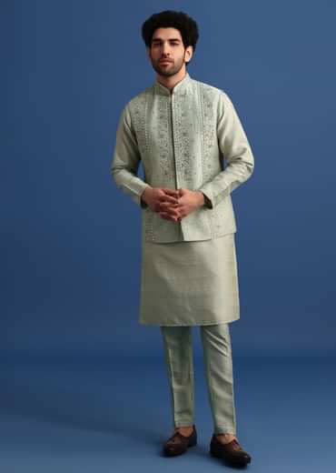 Pista Green Cotton Silk Kurta Jacket Set With Resham And Mirror Work