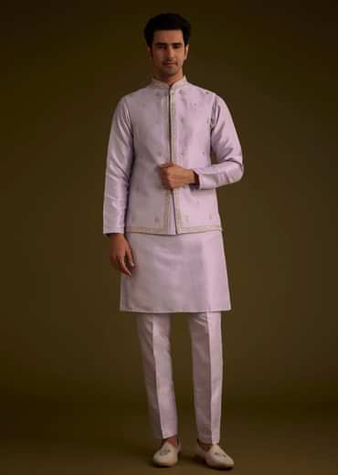 Light Lilac Cotton Silk Jacket Set With Floral Sequin Butti Embroidery