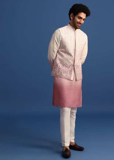 Off White And Pink Ombre Kurta Set With Mirror Work Jacket