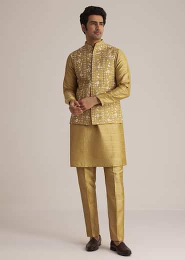 Yellow Kurta Pant Set With Embroidered Nehru Jacket