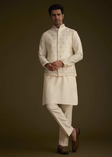 Off White Cotton Silk Jacket Set With Multicolored Floral Embroidery