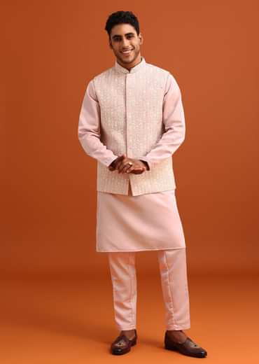 Peach Green Linen Silk Mirror Work Jacket Kurta Set