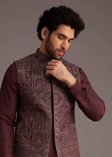 Maroon Kurta Set With Embroidered Jacket