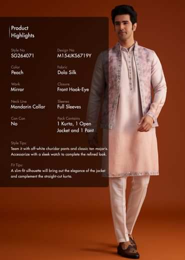 Peach Kurta Set With Embellished Nehru Jacket