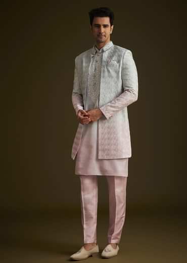 Pink and Grey Ombre Textured Sherwani Set
