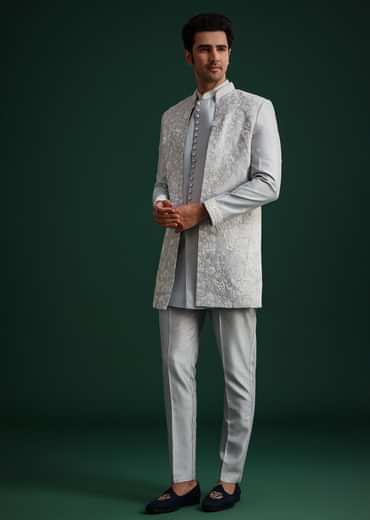 Ice Blue Cotton Silk Hand Work Sherwani Kurta Set