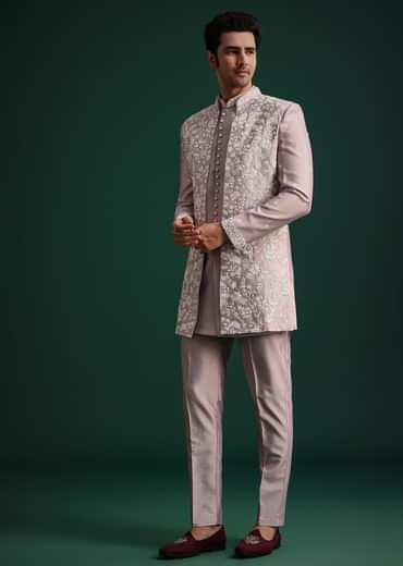 Lilac Cotton Silk Sherwani Kurta Set With Hand Work