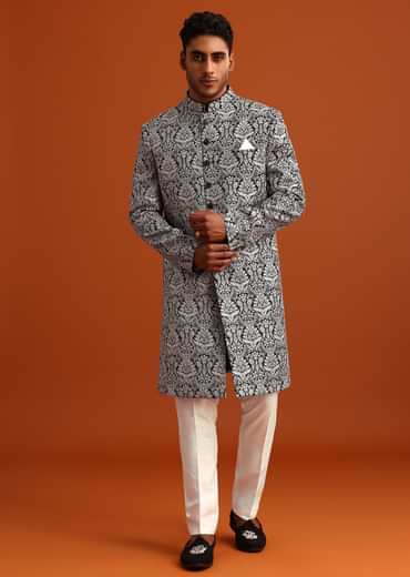 Black Velvet Sherwani And Kurta Set With Kashmiri Work