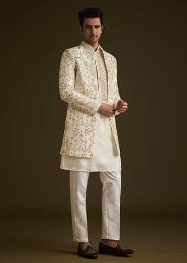 Cream Embroidered Sherwani Set