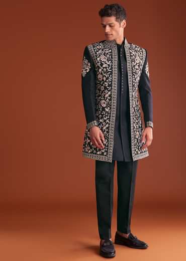 Black Cotton Silk Sherwani Suit With Floral Embroidery