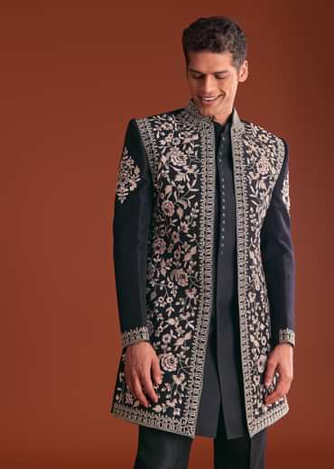 Black Cotton Silk Sherwani Suit With Floral Embroidery