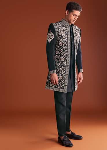 Black Cotton Silk Sherwani Suit With Floral Embroidery