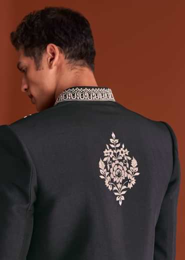 Black Cotton Silk Sherwani Suit With Floral Embroidery