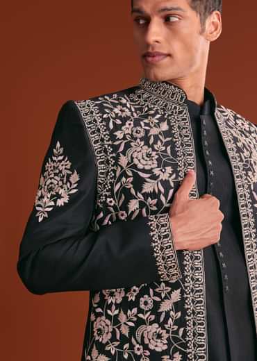 Black Cotton Silk Sherwani Suit With Floral Embroidery