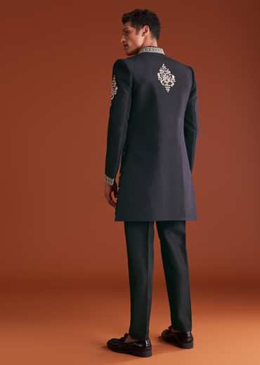 Black Cotton Silk Sherwani Suit With Floral Embroidery