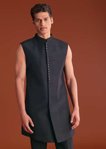 Black Cotton Silk Sherwani Suit With Floral Embroidery
