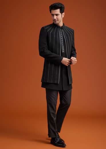 Black Open Sherwani Set with Linear Bead and Sequin Detailing