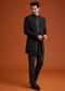 Black Open Sherwani Set with Linear Bead and Sequin Detailing