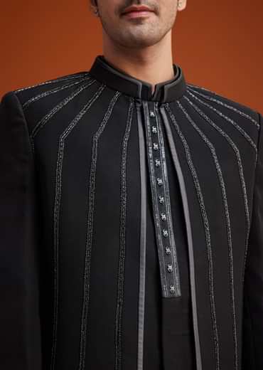 Black Open Sherwani Set with Linear Bead and Sequin Detailing