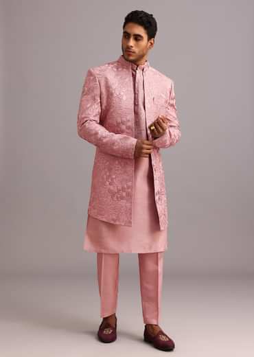 Onion Pink Thread Embroidered Dola Silk Sherwani Set
