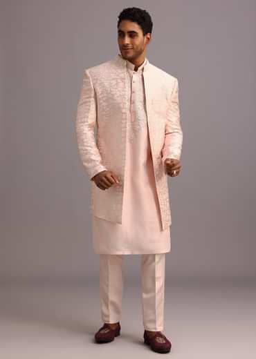 Peach Silk Thread Resham Work Sherwani Set
