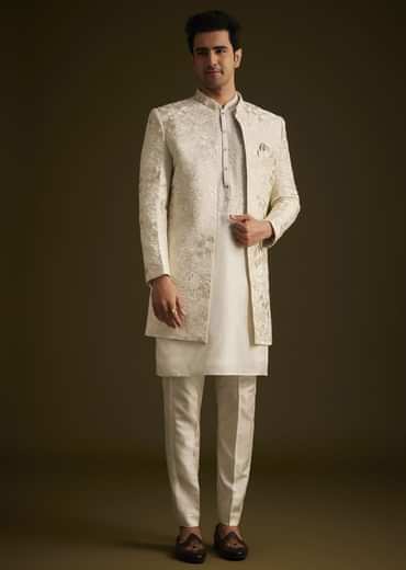 Ivory Silk Sherwani With Intricate Floral Embroidery