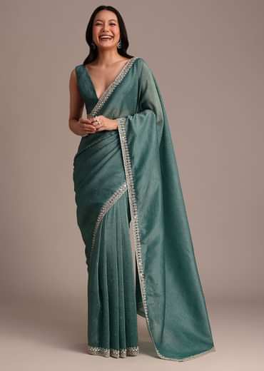 Rama Green Crushed Tissue Saree With Mirror and Cutdana Embellished Border