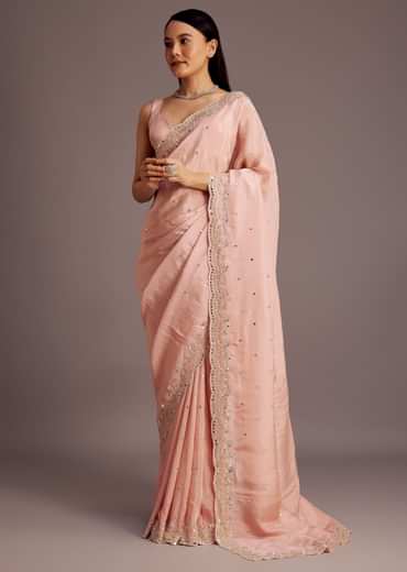 Peach Tissue Saree With Mirror Embroidered Border