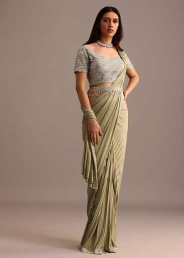 Pista Green Pre Draped Saree With Embroidered Blouse And Belt