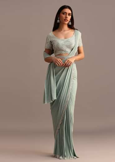 Blue Ready Pleated Saree With Embroidered Blouse