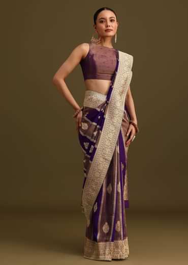 Purple Dual Shaded Khaddi Georgette Saree With Zari Brocade Pallu Border
