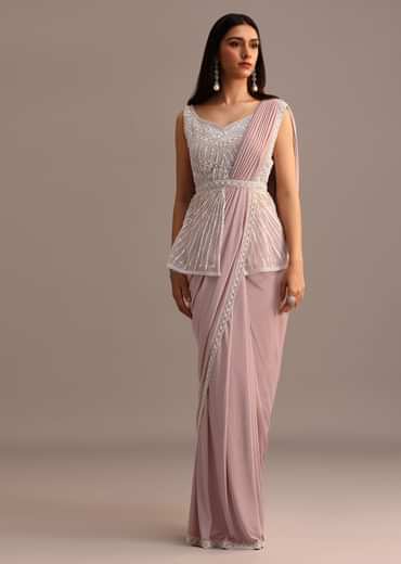 Dusky Pink Ready Pleated Saree With Embroidered Blouse