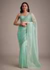 Aqua Blue Glass Tissue Embroidered Saree With Cutdana Work
